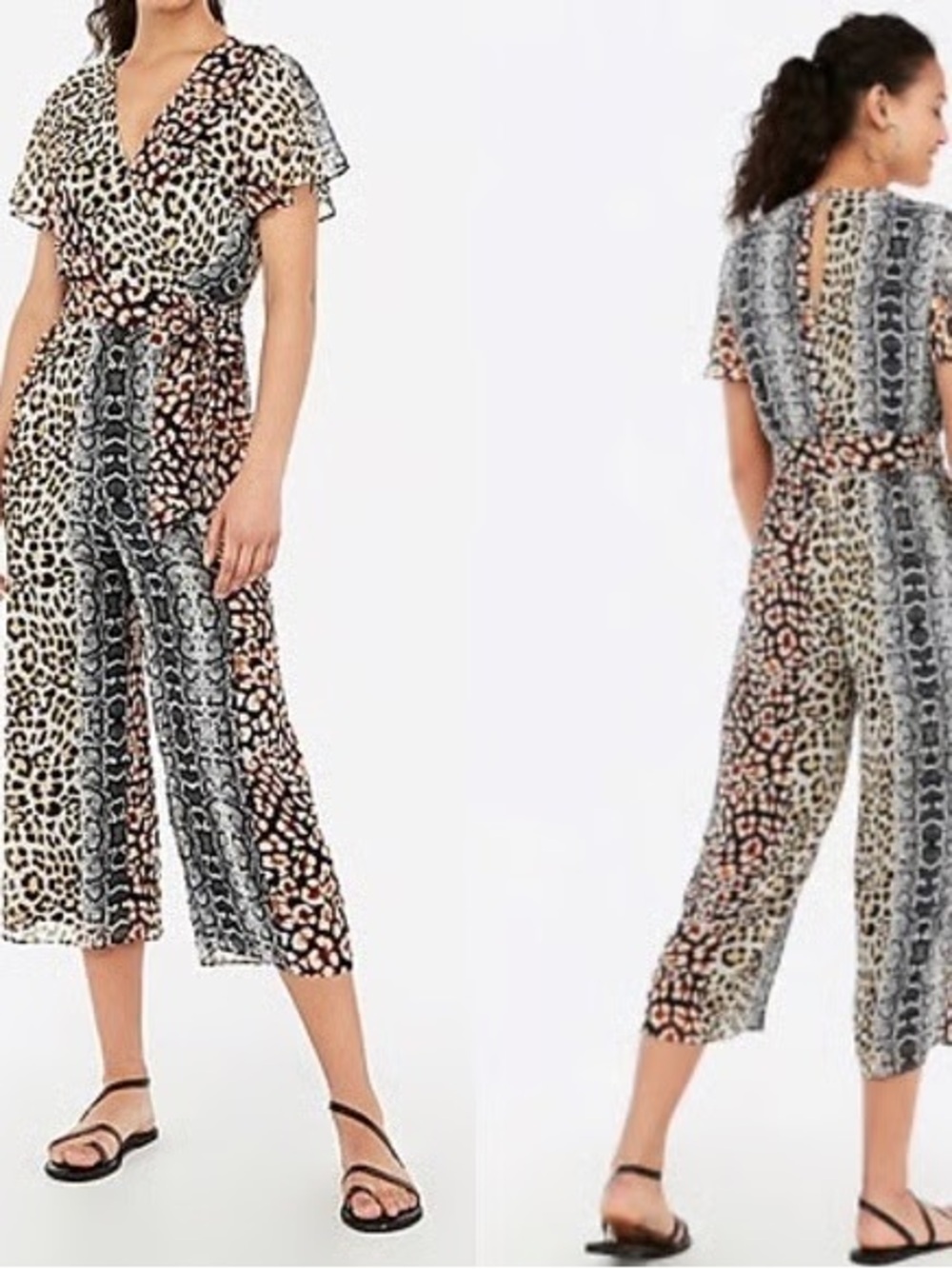 Express Mixed Animal Print Cropped Jumpsuit